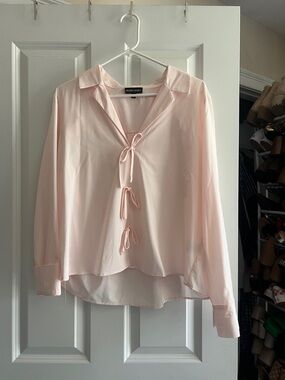 Modern Works Pale Blush Tie-Front Collared Blouse